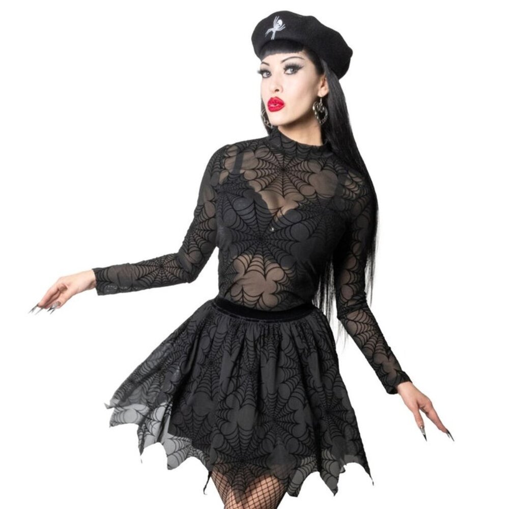 Black Spiderweb Long Sleeve Mock Neck Blouse Top S-M-L-XL-2XL-3XL NWT - Picture 2 of 4